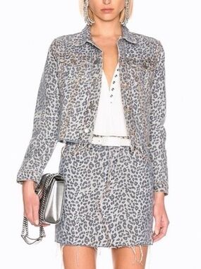 Like New GRLFRND Leopard Print Denim Jacket & Skirt Set